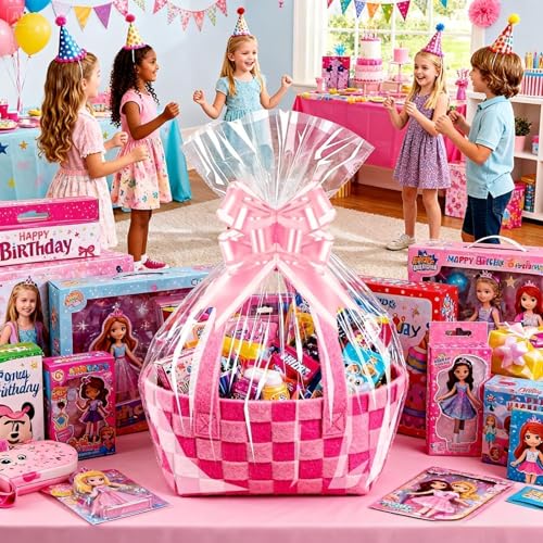 Image of PigPotParty Cellophane Bags for Gift Baskets, 24x30 in, 10 Pack, Pink Bows | Thick clear OPP holds shape; seamless bottom resists tears; easy-to-use large pull bows save time and add a polished finish