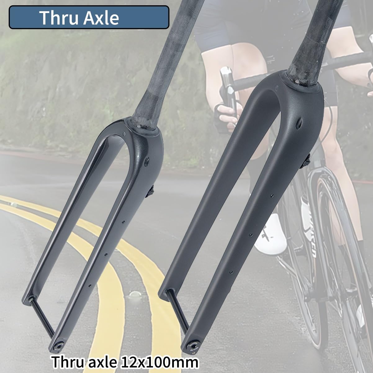 HZXQCVB Kohlefaser Schotter-Gabel Für Rennrad 1-1/8'' Gerades/konisches Rohr 700C Starrgabel Steckachse 12x100mm Scheibenbremse Vorderradgabel(Glossy Black,Straight) Sport & Freizeit