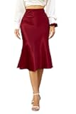Womens Satin High Waisted Silk A-line Wedding Elegant Elastic Midi Skirt