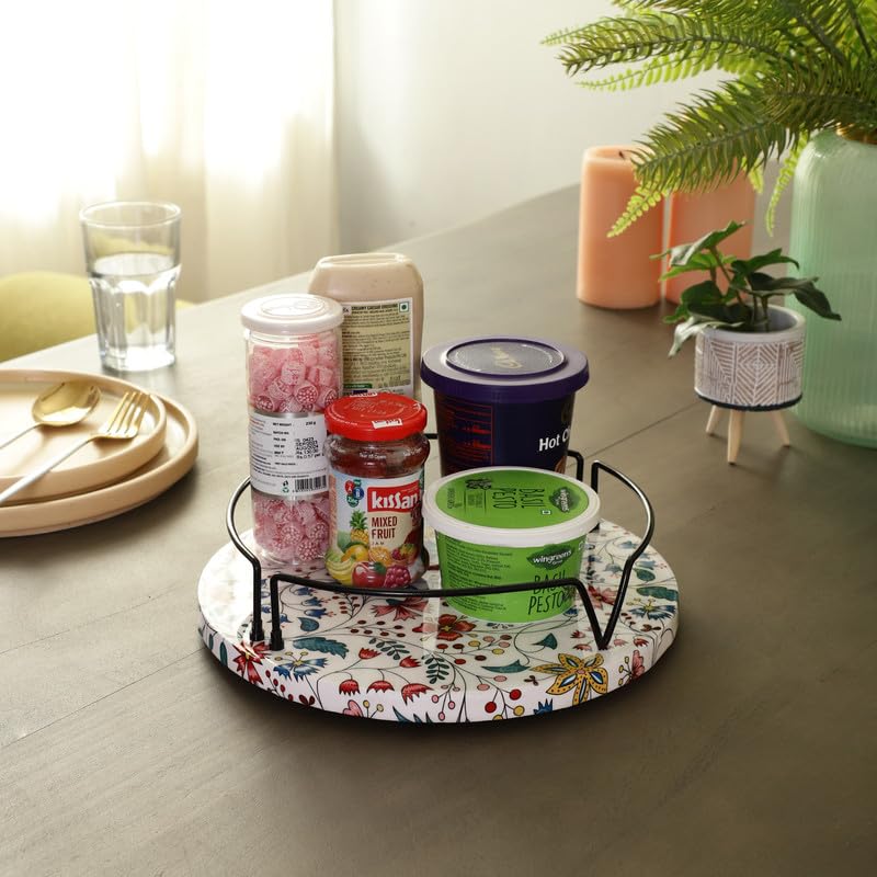 appeasy Lazy Susan Turntable for Countertop - Wooden Lazy Susan Rotating for Dining Table -Revolving Tray for Kitchen Storage, Cosmetic Organiser (Metal Frame 10.5 inch)-Red