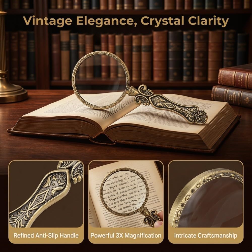 10X Handheld Focusing Magnifier with Optical Lens Portable Vintage Glass Finish Loupe for Collectors Jewelry Paintings Carvings Handicrafts Stamps Sewing(Antique Gold)