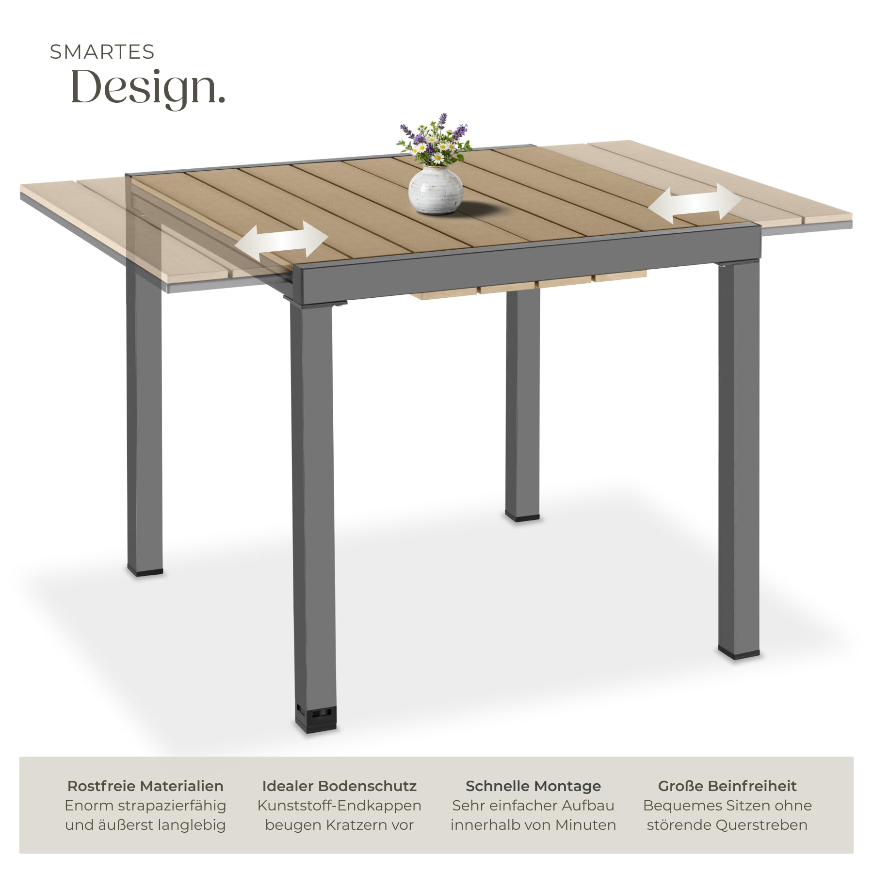 TecTake® Aluminium Gartentisch für 4-6 Personen, 80–120 x 80 x 74 cm, ausziehbar, Garten Tisch Holzoptik, Outdoor wetterfest, Gartenmöbel, Esstisch Terrasse - schwarz/braun