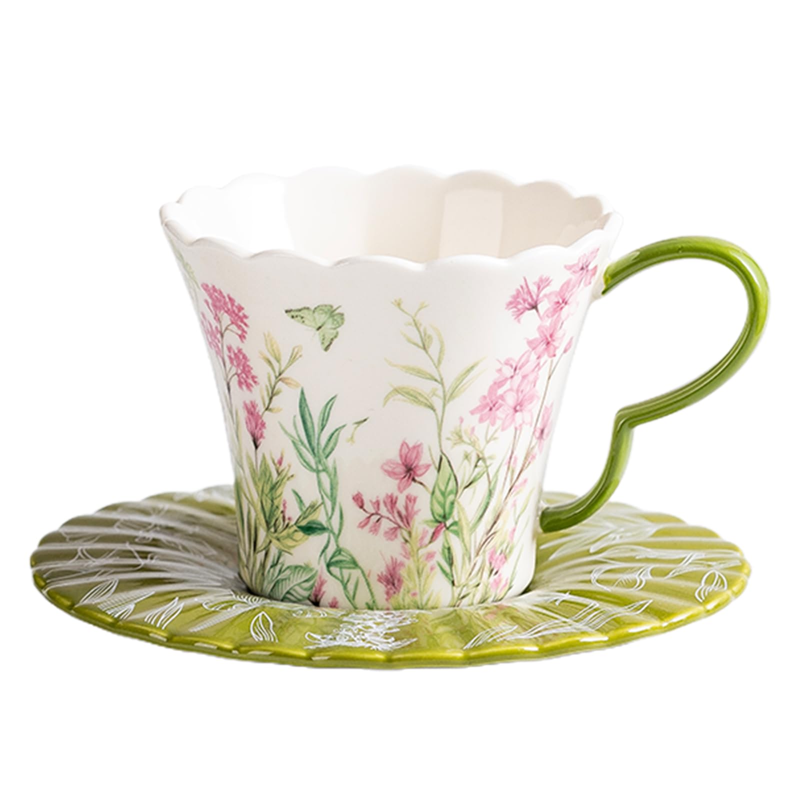 OHAANYY Porzellan Kaffeetasse mit Untertasse Set, 260ml Keramik Becher für Cappuccino, Latte, Tee, Elegantes Blumen & Schmetterling Design, 1 Tasse + 1 Untertasse (Grün)