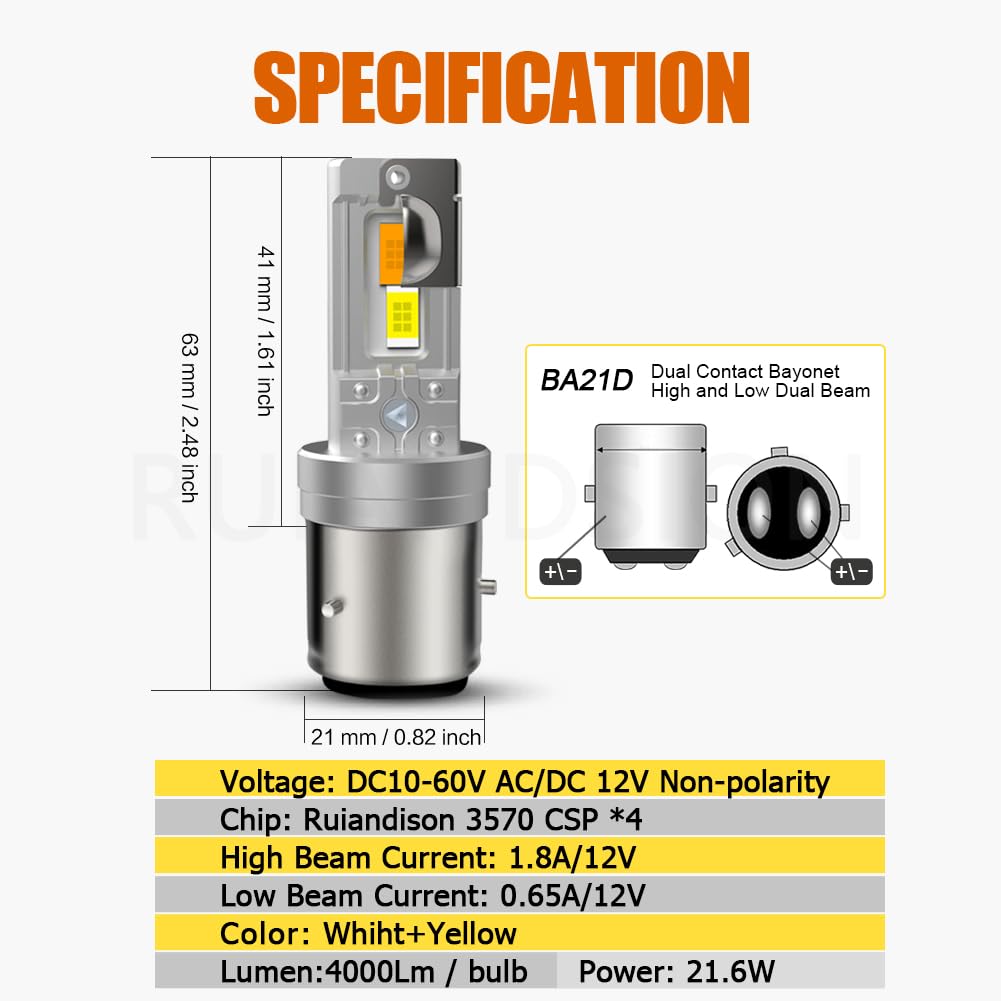 Ruiandsion BA21D LED Ampoules de phare de moto Sans polarité CC 10-60V CA 12V Lumière blanche et jaune 4000 Lumens Ampoules à faisceau haut et bas pour Phare de moto Paquet de 2