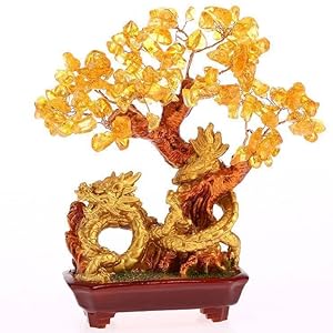19cm Drachenbaum Bonsai aus gelbem Citrin, Feng Shui Glücks-Drache | Edelstein-Baum