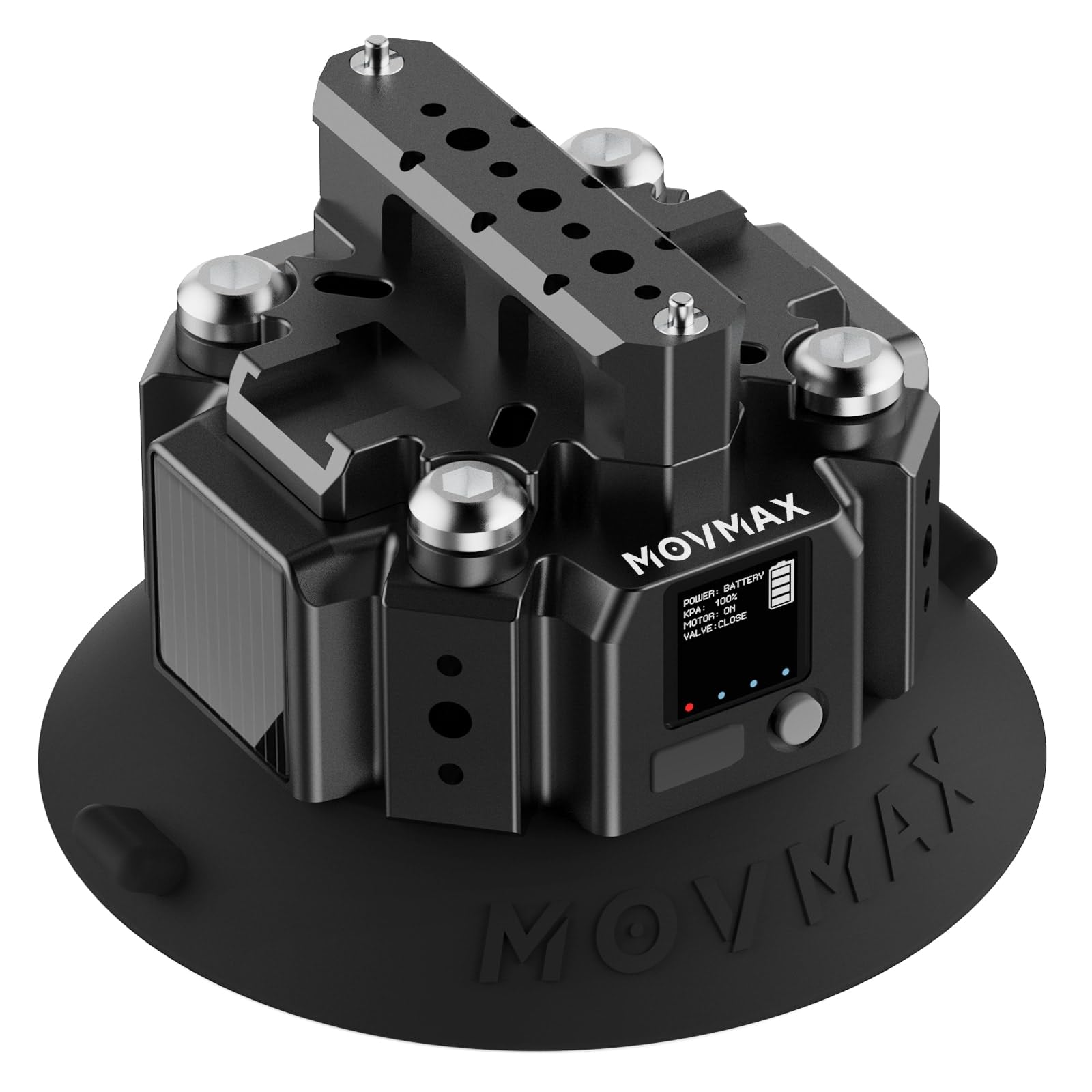 MOVMAX 4.5" Solar Electronic Camera Suction Cup Mount, Premium Aluminum Alloy Body with NATO Rail, 1/4" ARRI Holes and Cold Shoe, Auto Pressure Detection/LCD Display/Durable Battery