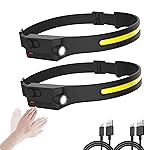 LED Headlamp Rechargeable with Motion Sensor USB Head Lamp with 230Beam 5 Modes 350 Lumen Ultra Bright Head light Lightweight Bright Waterproof Flashlight for Outdoor Camping Hiking Running 2 Pack