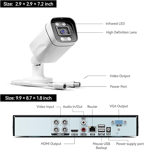 Miniatura 8 de Sistema de cámara de seguridad con cable, 4CH 5MP Lite AHD TVI DVR grabadora DVR kit de vigilancia DVR, 4 x 5MP cámara CCTV de doble luz para uso en