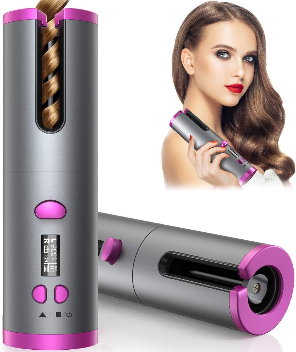 Cordless Hair Curler, Automatic Curling Iron with 6 Adjustable Temperature, Auto Rotating Ceramic Barrel Hair Curler Fast Heating, Portable USB Rechargeable Beach Waves Curling Iron Wand