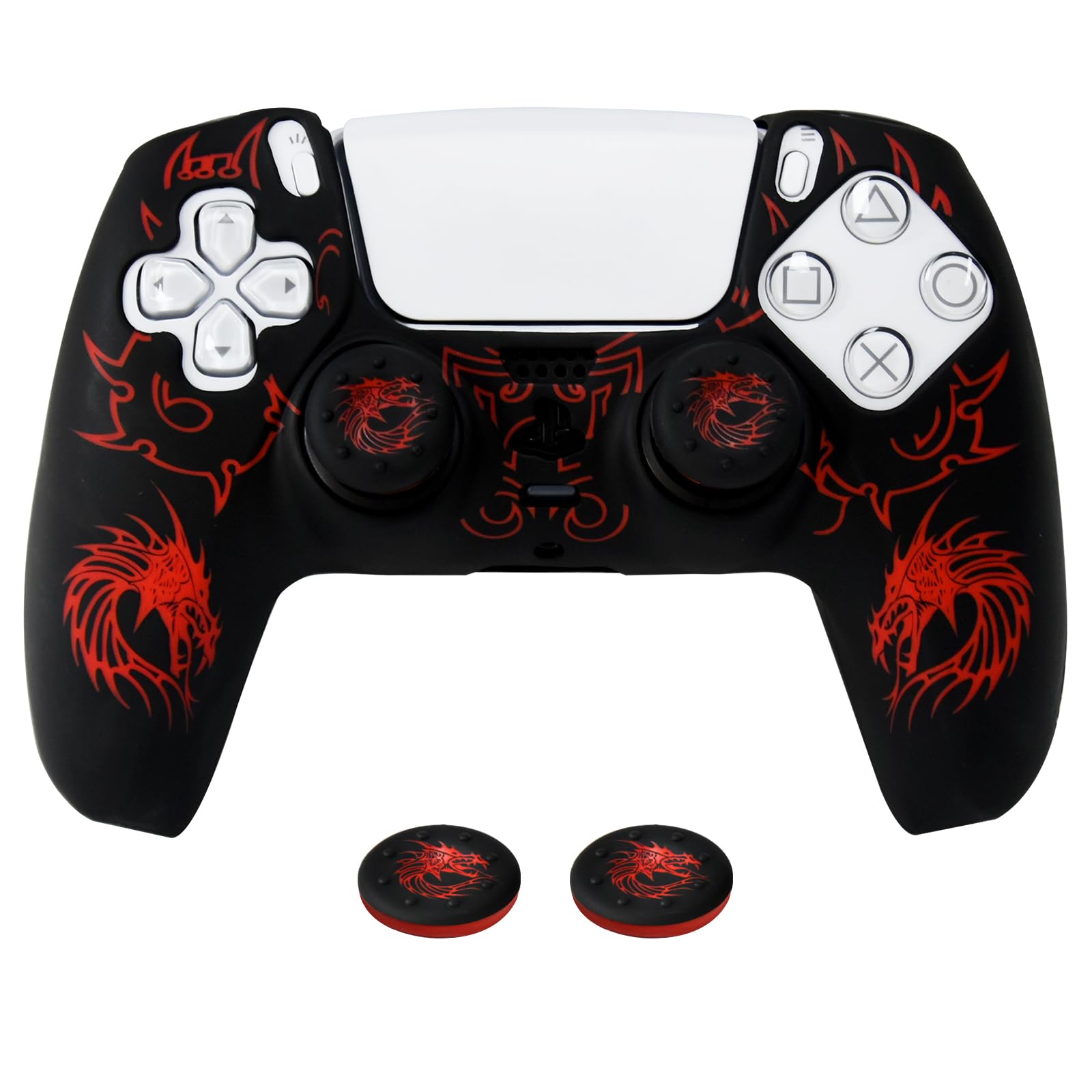 PS5 Controller Silicone Cover with Laser-Engraved Dragon Design - Non-Slip Grip Skin 2 Dragon Thumbstick Caps Stylish Protective