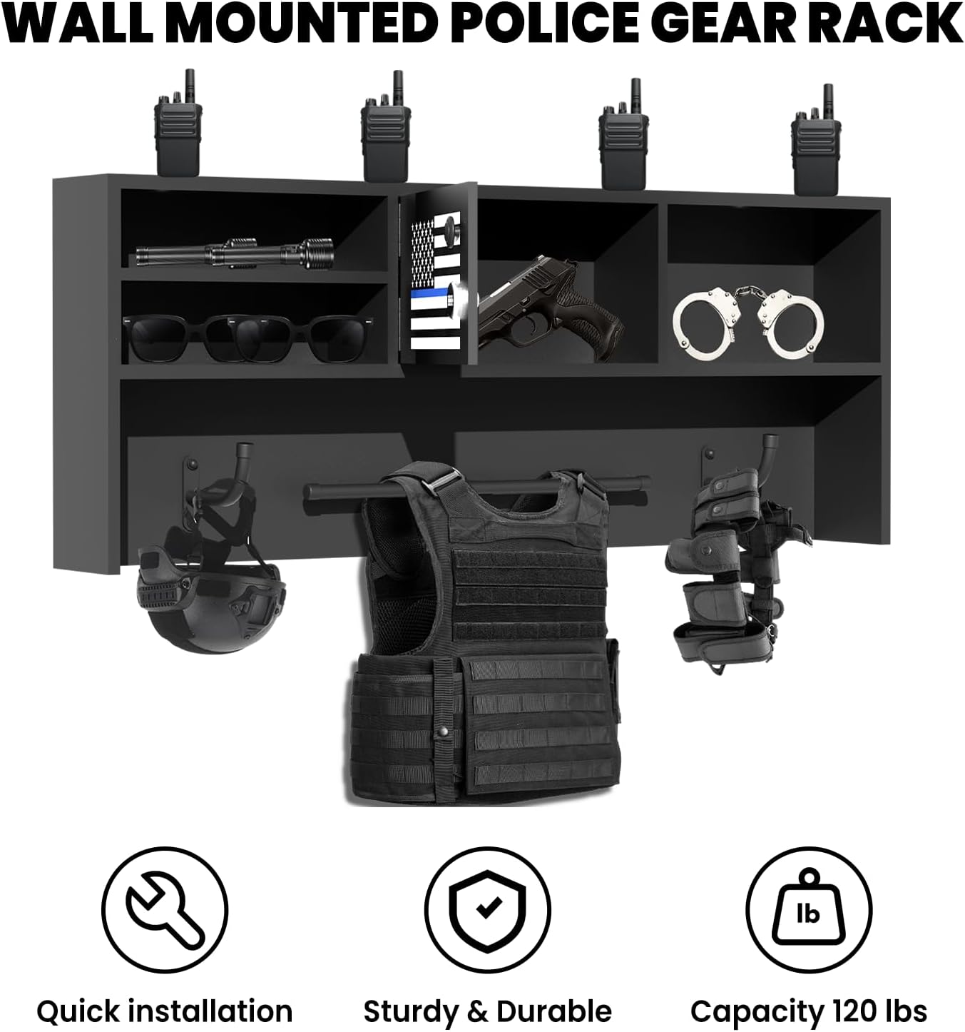 Alloy Steel Police Gear Rack, Wall-Mountable with Keypad Lock - Duty Gear Rack Police with Free Flag - for Police Stations, Fire Departments & Tactical Gear Wall Mount Needs