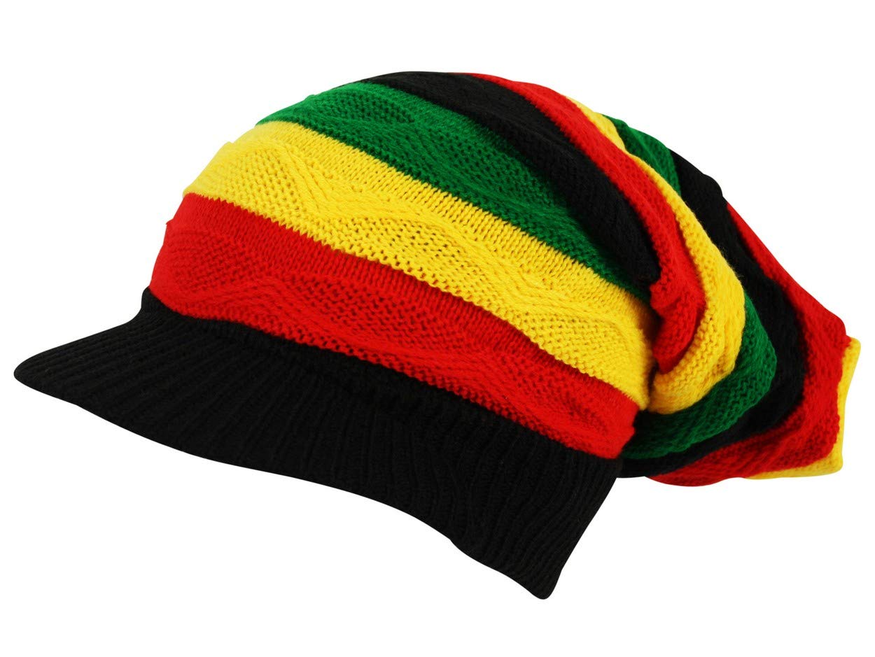 Itzu Men's Black (Striped Zigzag) Rasta Oversized Knit Slouch Peak Beanie Cap Hat In