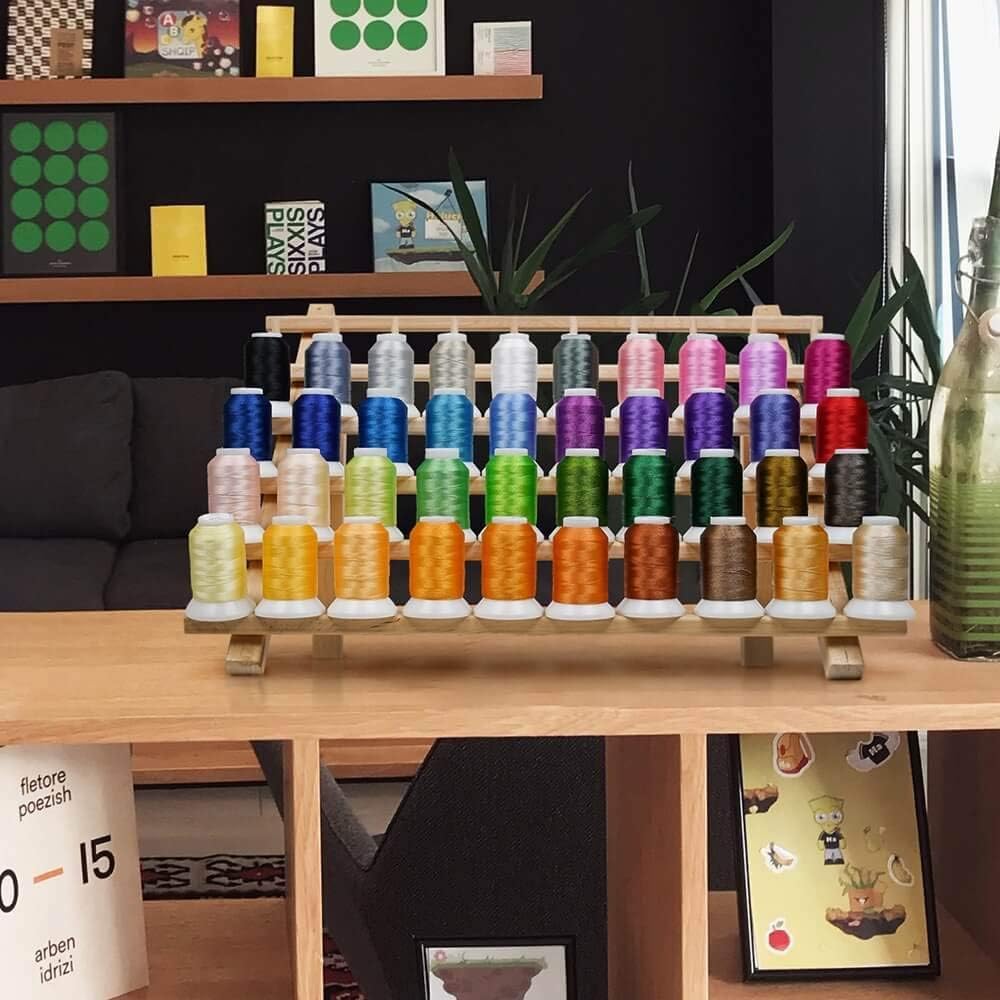 Threadnanny 60 Spools Thread Rack - Premium Birchwood Thread Storage Organizer Stand for Sewing Embroidery and Mini Cones - Holders for Spools with Wall Mount Hanging Hooks