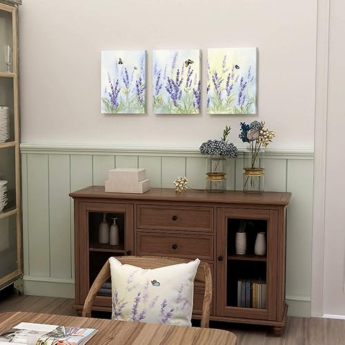 Miniatura 6 de Slody Arte de pared morado con estampado de flores modernas de lavanda, cuadro floral de mariposa, paisaje de primavera, arte botánico enmarcado