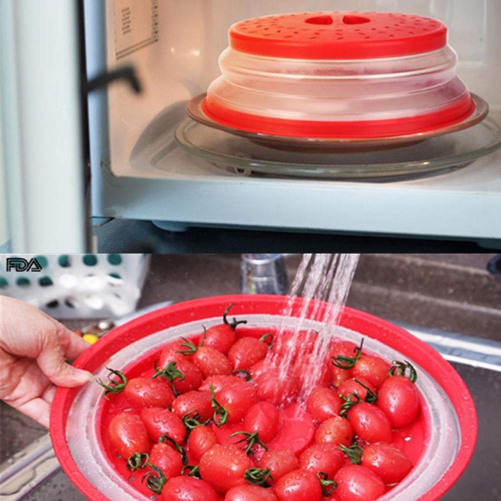 Aranticy - 2 copripiatti pieghevoli per forno a microonde, per alimenti, con colino in plastica con prese d'aria a vapore, per frutta e verdura, strumento da cucina non tossico (rosso