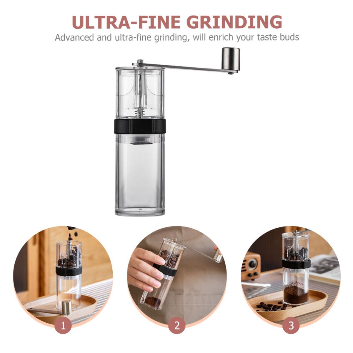 Molinillo de Café Manual Portátil Ajuste de Grosor | Acrílico y Núcleo Cerámico, Tapa de Silicona, para Camping y Oficina, también Apto para Especias y Granos