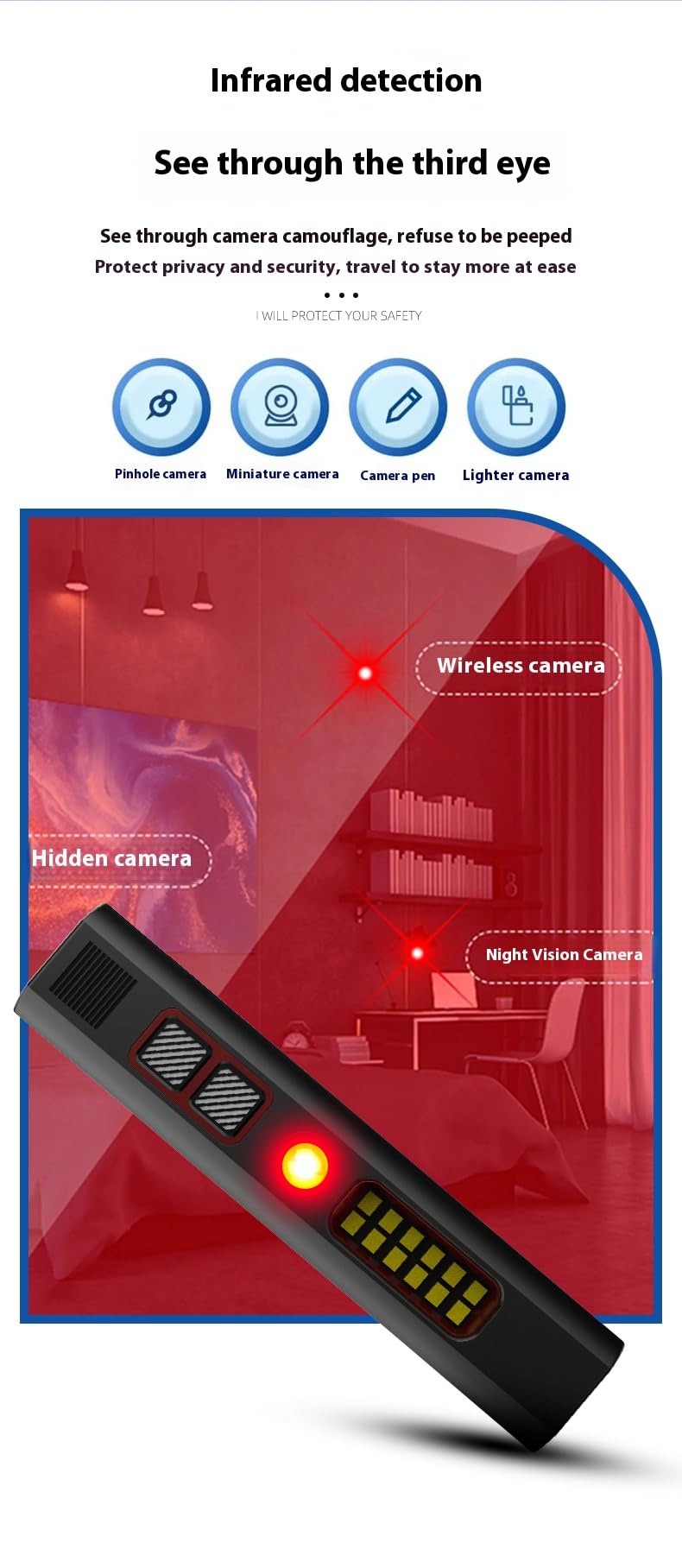 EDC Alarme de sécurité personnelle Lumière stroboscopique avec briquet à arc, alertes d'urgence 130 dB, détecteurs de caméra, lampe de poche, disjoncteur de fenêtre d'autodéfense pour femme, école