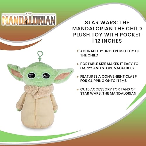 Miniatura 7 de Loungefly Star Wars: The Mandalorian The Child - Juguete de peluche de 12 pulgadas con cremallera de bolsillo, muñeca de peluche Baby Yoda con clip,
