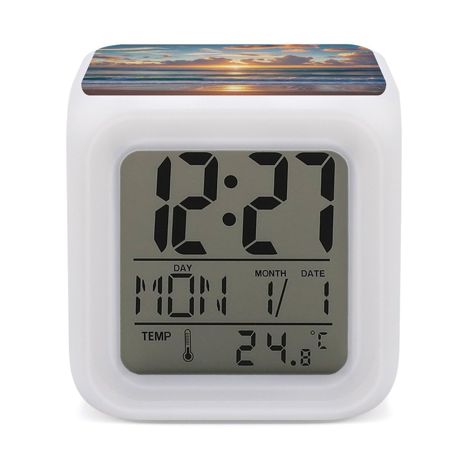 LZQPOEAS Beach Maui Hawaii Sunset Alarm Clock Desk Clock with 7 Color Changing Night Light Digital Clocks with Temperature Display Sleep Training and Sound Machine for Heavy Sleeper