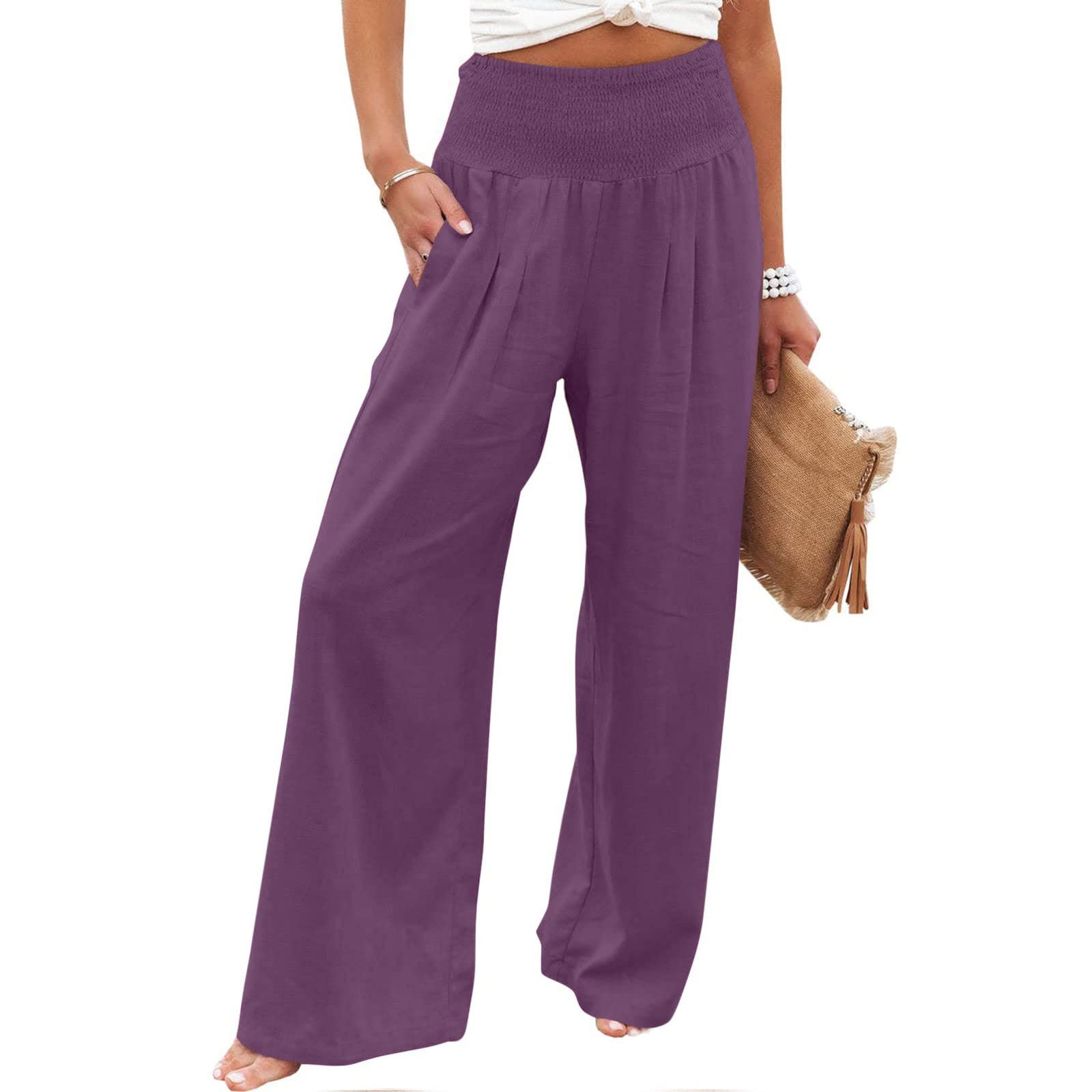 SMIDOW Womens Wide Leg Pants Elastic High Waisted Cotton Linen Long Lounge Pants Business Casual Work Trousers