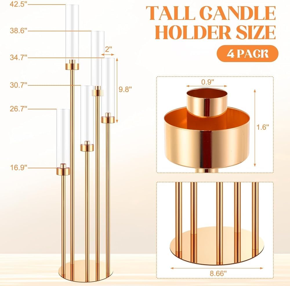 Set di portacandele a 5 bracci, centrotavola in metallo con paralume in acrilico per matrimoni, feste e decorazioni per la casa, altezza 107 cm (set da 4)