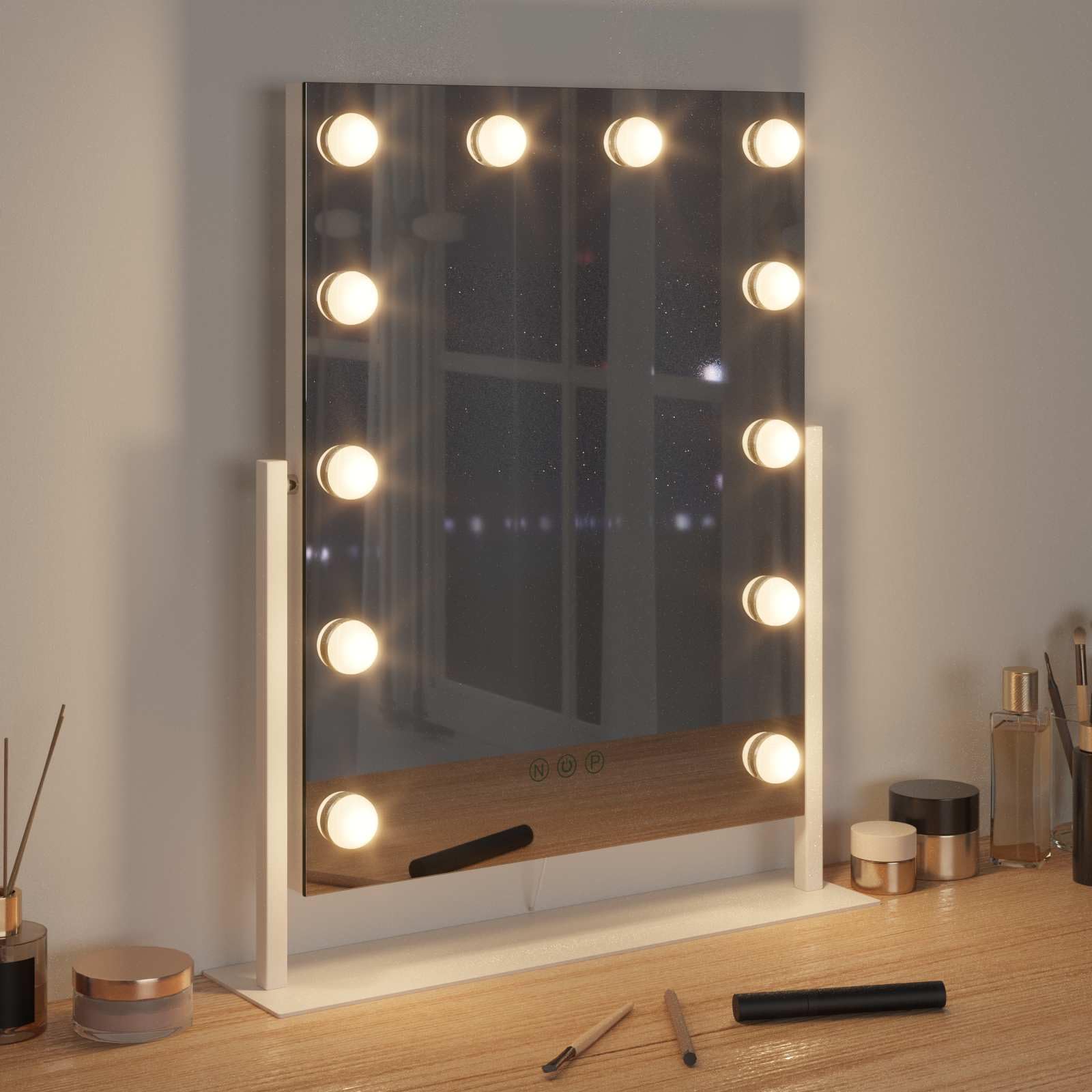 Lusterko do makijażu LED, białe, 44 x 10 x 53 cm, szkło stalowe, z funkcją ściemniania, sterowanie dotykowe, montaż na ścianie lub stole, USB, ochrona przed zaparowaniem, powiększające