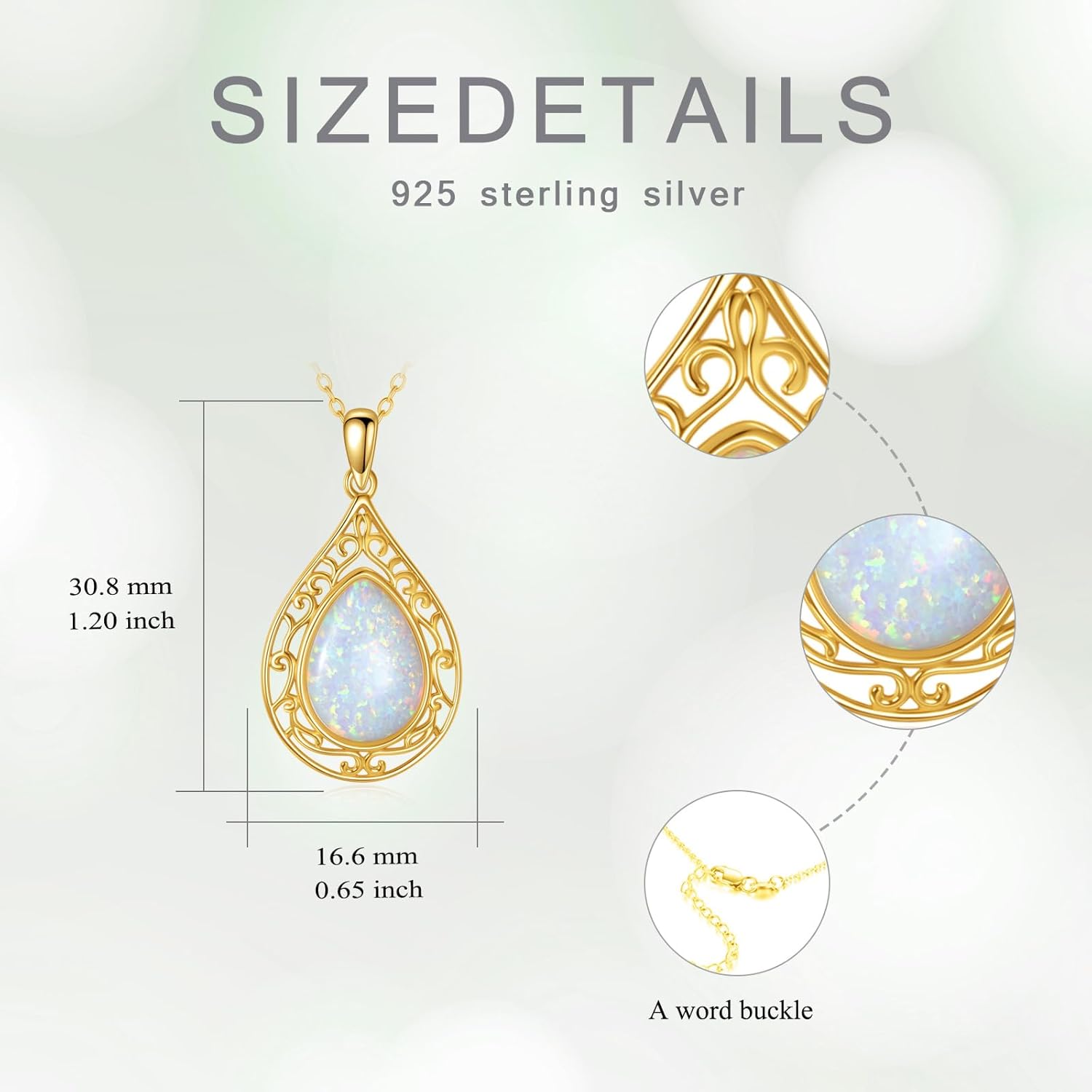 14 Gold Plated Opal Necklace For Women, 10x14mm 5.0 Carat Pear Shaped White Opal, Vintage October Birthstone Necklace, Gifts For Her, 18" + 2" Inches