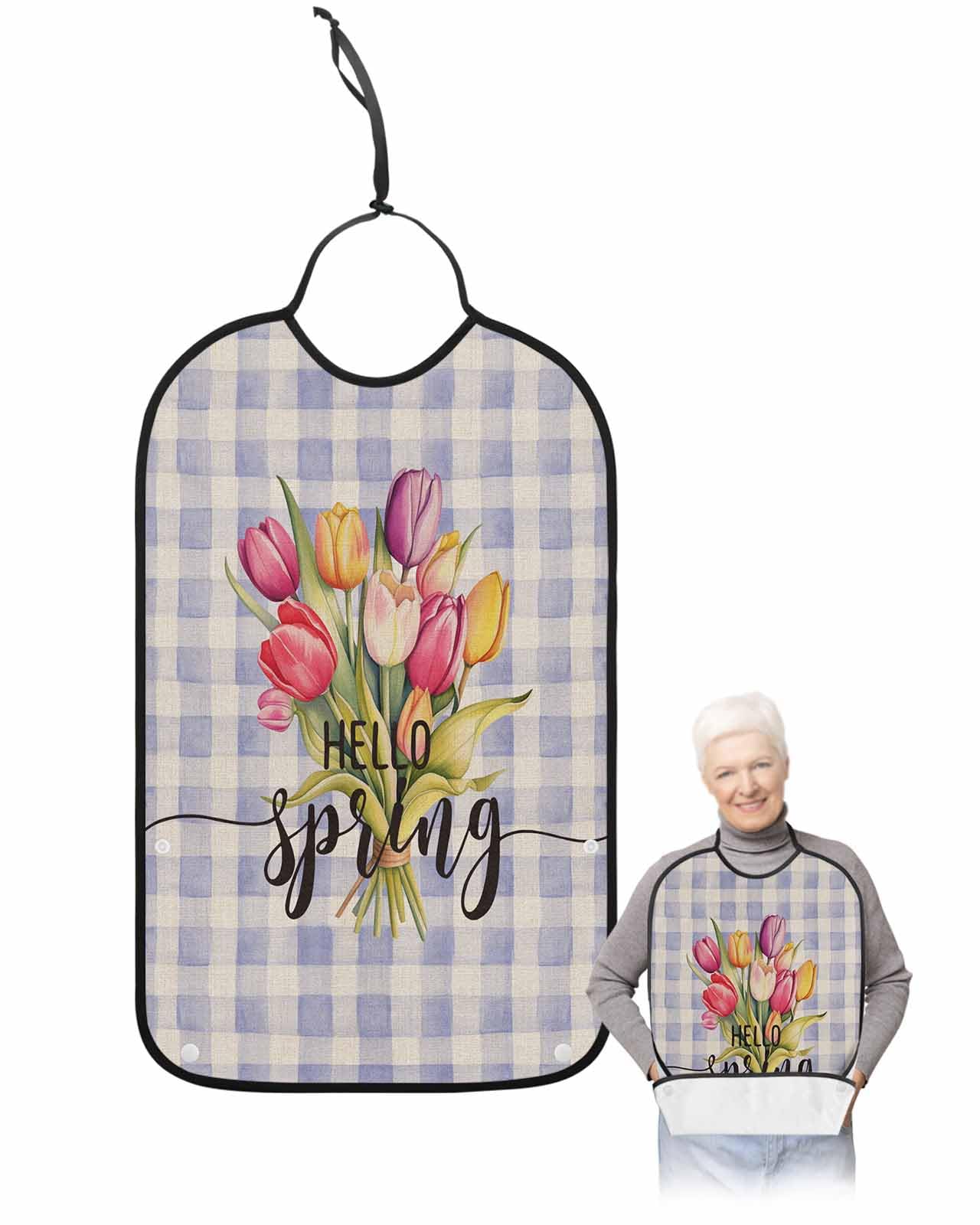 Kewadony Adult Bibs for Elderly Women - Purple Plaid Spring Floral Waterproof Dining Clothing Protectors with Crumb Catcher for Eating/Feeding, Summer Botanical Tulip Terry Cloth Bib Machine Washable