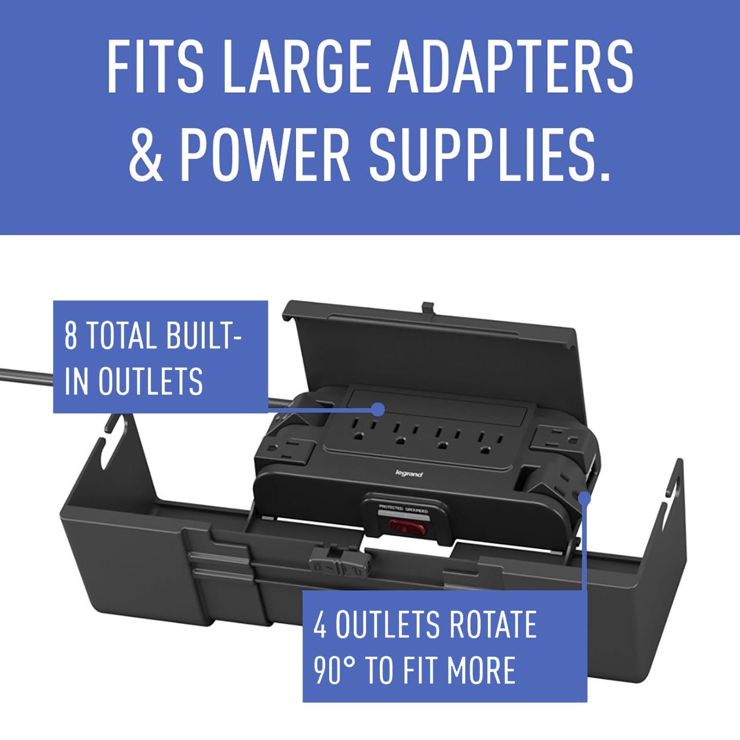 Legrand - Wiremold Cable Management Kit, Black Cord Hider with Cable Management Box, Wiremold Outlet Box with 8 Outlets, Wire Management Box 4 x 9.6 x 5.1 inches, CCBP8-BK