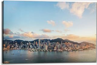 Canvas Wall Art for Living Room Bedroom Hong Kong Victoria Harbor from Air Big Large Wall Art Decor Framed Painting Wall Pictures Prints Artwork 24x32in