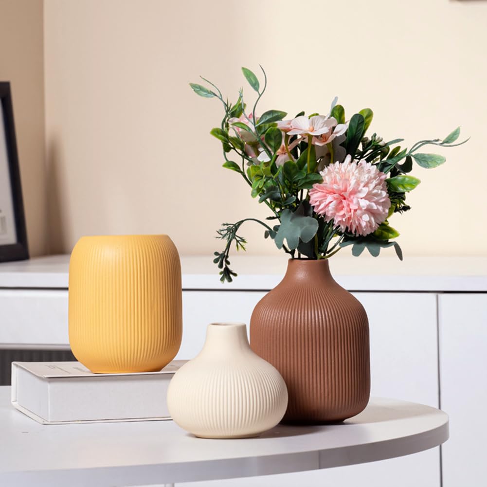 Ceramic Vase Set of 3, Modern Vase, Ceramic Vases for Home Decor, Decorative vase for Pampas Grass&Dried Flowers,Table, Bookshelf, Mantel and Entryway Decor. (Coffee,Yellow,Complexion)