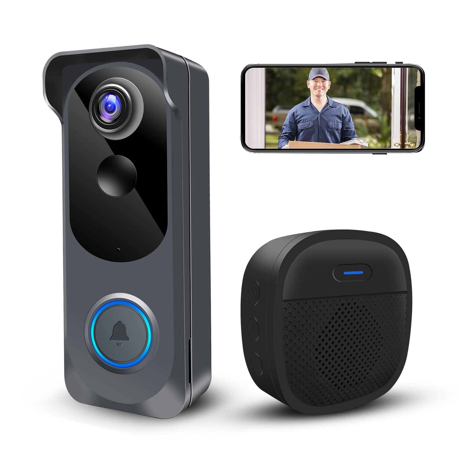 KAMEP Cámara de timbre de video inalámbrica, cámara inteligente WiFi 2K HD, detección de movimiento PIR, audio bidireccional, visión nocturna, funciona con pilas, impermeable IP66, interior y exterior