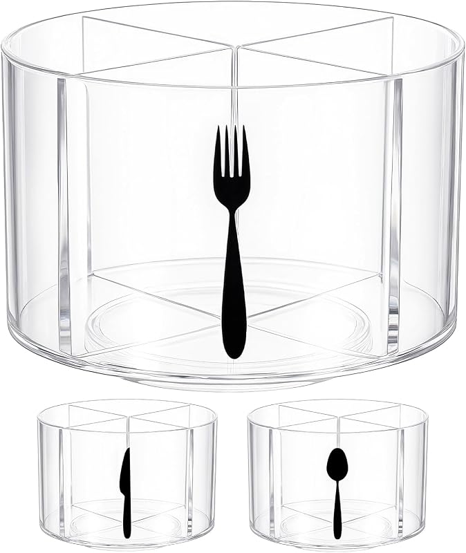 Organizador de utensilios de acrílico giratorio de 360°, 4 compartimentos de plástico, soporte para cubiertos, organizador de almacenamiento de cubiertos para cocina, oficina, escritorio, picnic, fiesta de camping