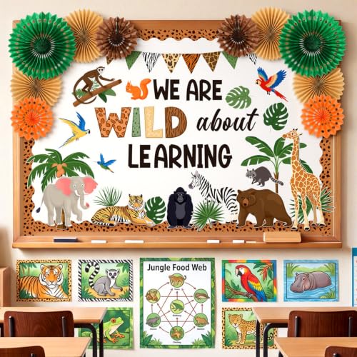 Eersida Back to School Bulletin Board Decorations with Paper Fans 3D Summer Classroom Bulletin Board Hawaiian Ocean Ice Pop Cutouts School Vbs Library Church Window Wall Decor(Jungle) - Image 4
