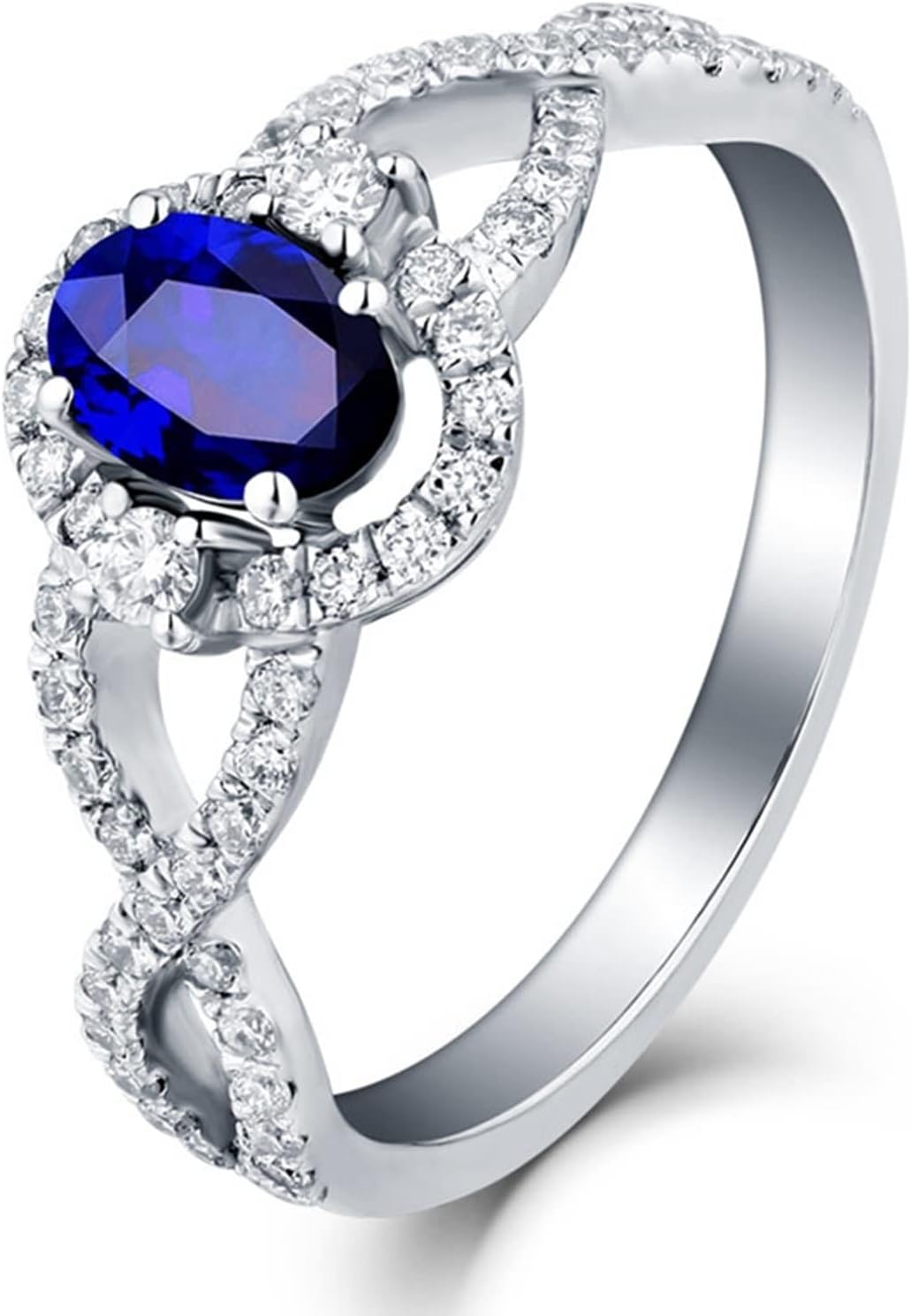 Engagement Ring 18K White Gold, Charm Ring Blue Silver Blue VVS1 Hollow Twisted Blue Oval Sapphire Jewelry Ring Wedding Gifts for Women