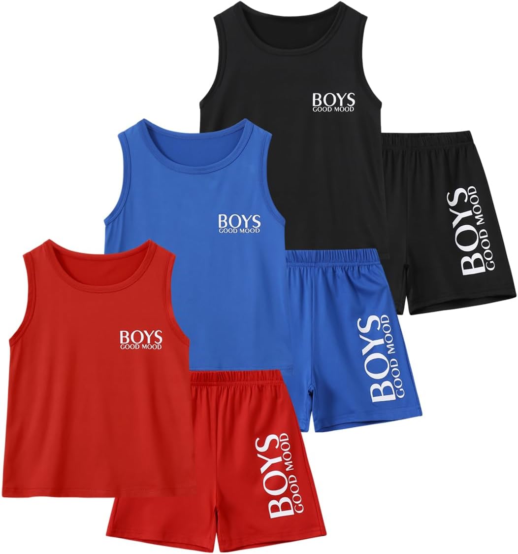 6 Pieces Boy Clothes Summer Active Shorts Set Sleeveless Tank Top and Elastic Waist Shorts Outfits for Sport Gym