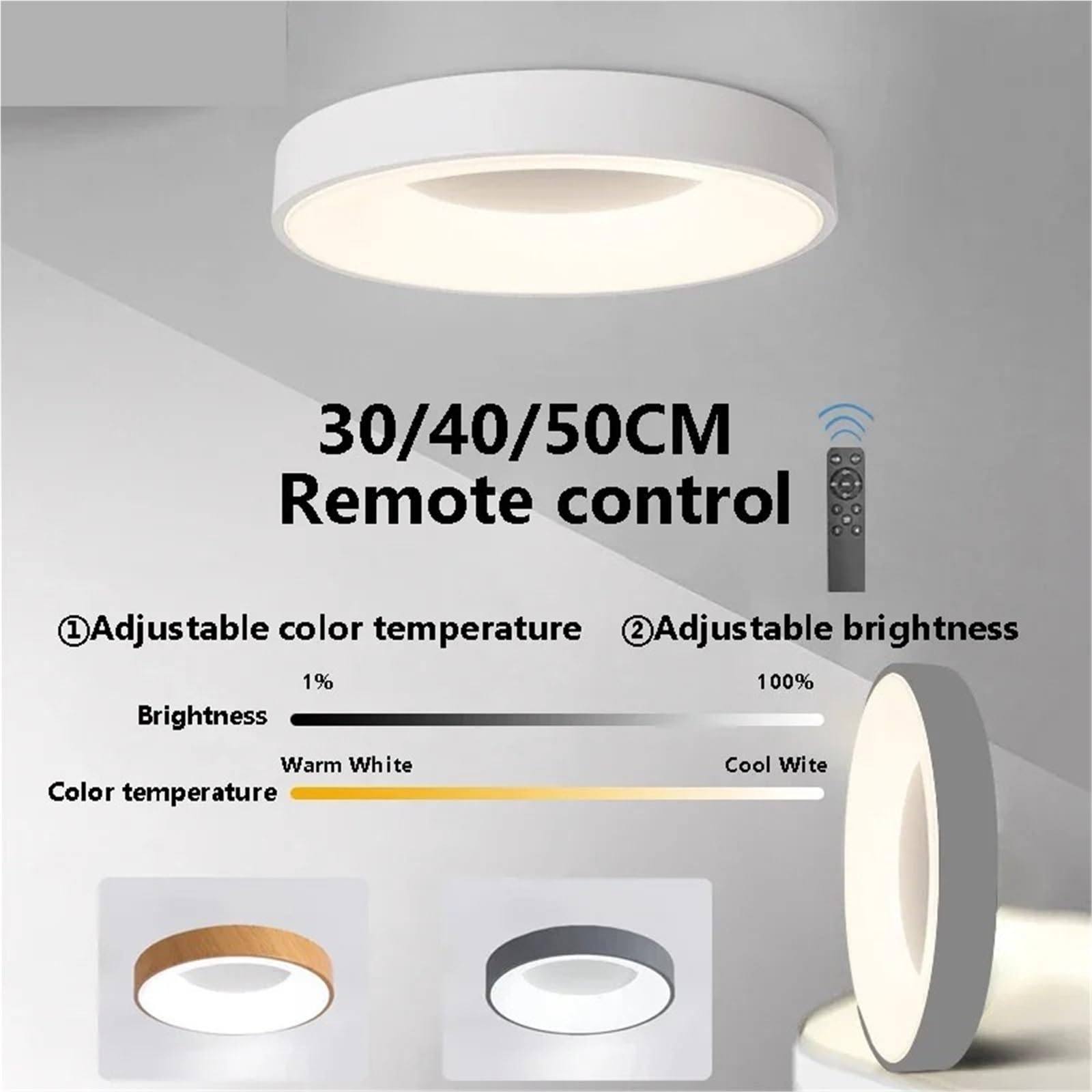 Plafon LED Techo Regulable,Luz Led Techo Plafón LED de Techo Redondo 30/40cm Con Mando For Salón y Dormitorio Atenuable(White,Remote Control,30cm-18W)