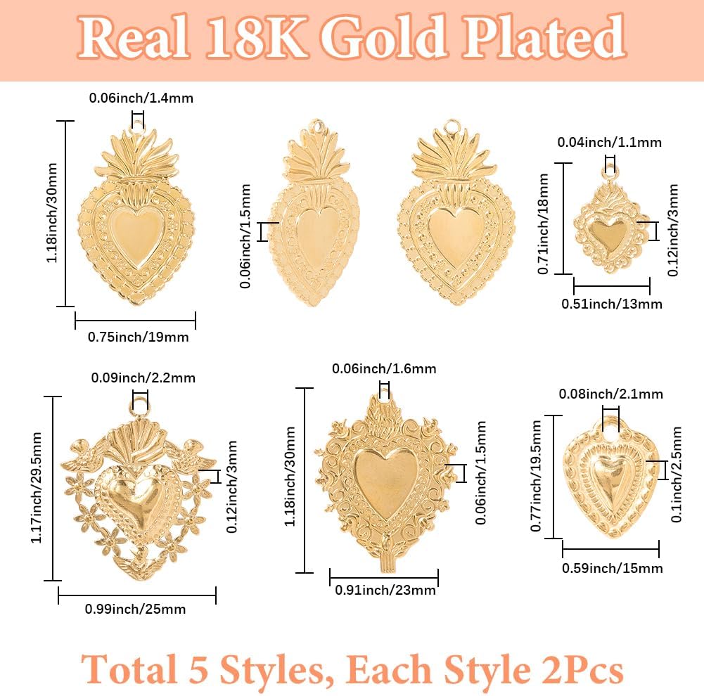 SUNNYCLUE 1 Box 10Pcs 5 Styles Real 18K Gold Plated Sacred Heart Charms Goth Love Charms Bulk Valentine Mexican Stainless Steel Pendants for Jewelry Making Supplies DIY Craft Necklace Bracelet Women - Image 2
