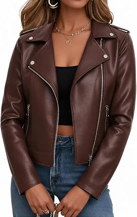 Ommiivex Women Leather Jacket Faux Cropped Coat Cute Short Zip Up for Casual Rock Concert Game Day Edgy Vintage Outfit