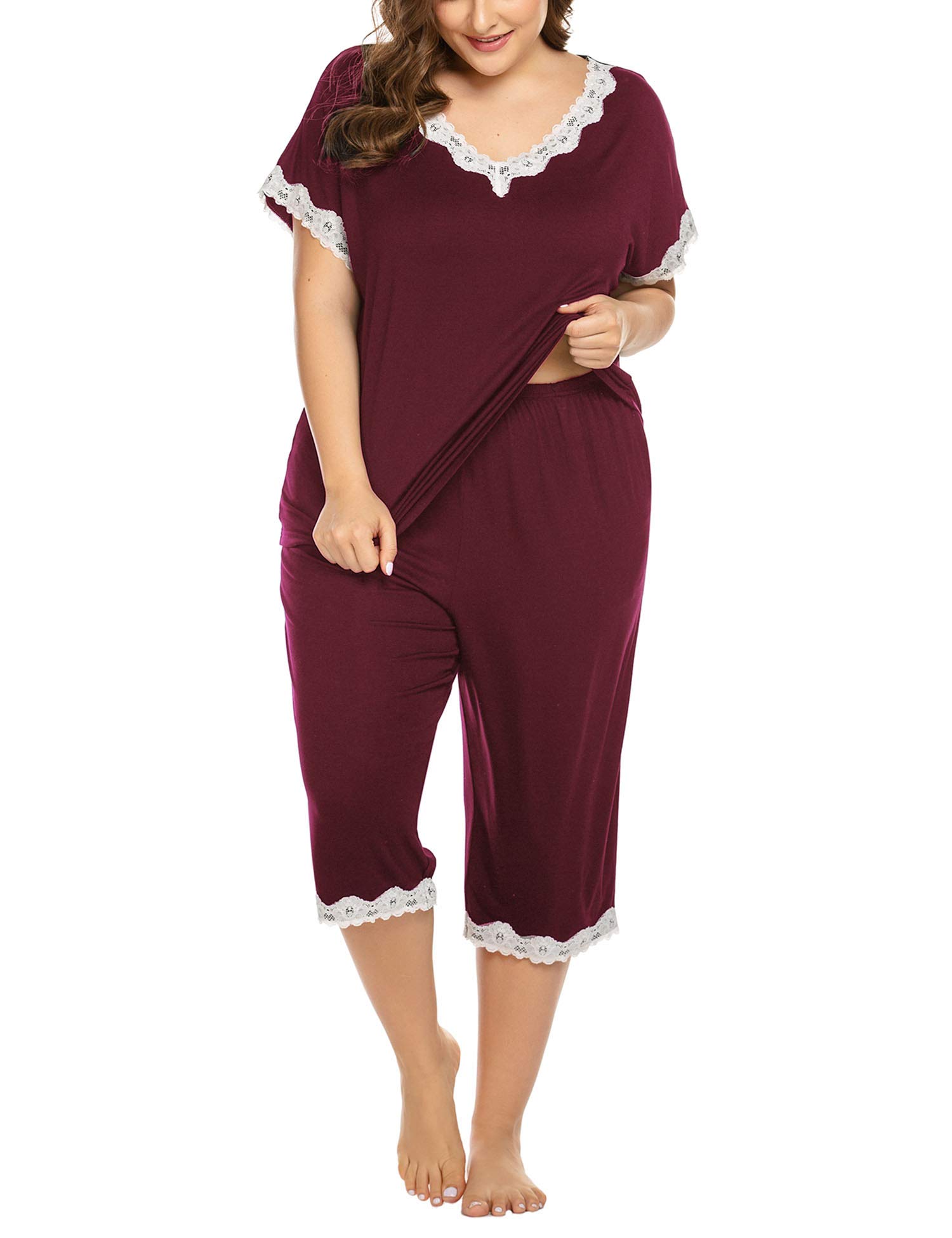 Womens Plus Size Pajama Set Short Sleeve Sleepwear Tops Capri