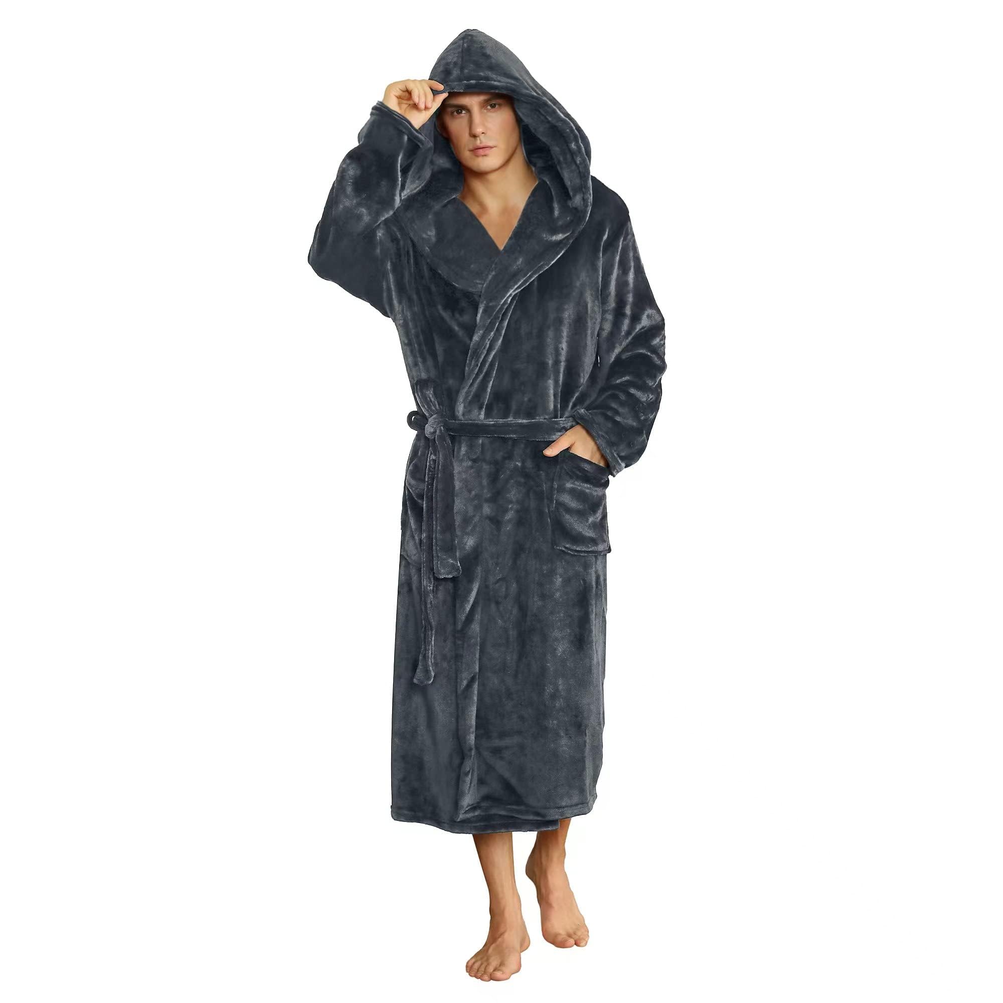 Mens Fleece Hooded Robe Plush Bathrobe (Dark Grey, 2XL/3XL)-image-18