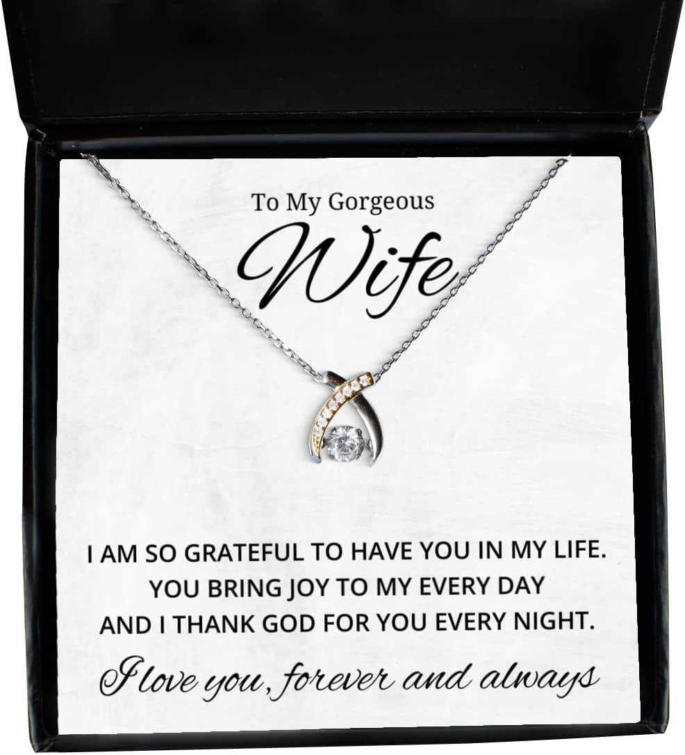 to My Gorgeous Wife Wishbone Dancing Necklace, I Am So Grateful to Have You in My Life, Best Birthday Gifts, Engagement Gifts, Wedding Gifts, Valentines Day Gifts for Wife