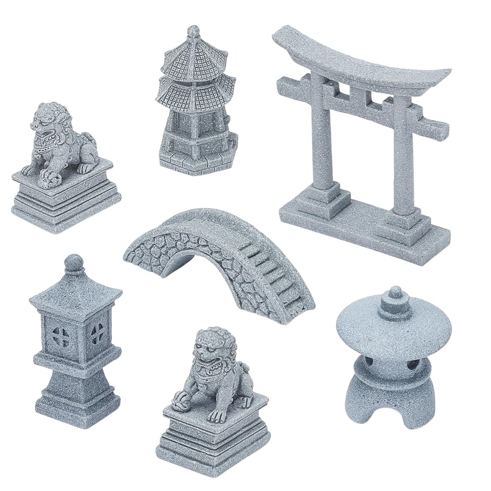 NBEADS 7 Pcs 6 Styles Mini Zen Garden Accessories, Garden Decor Micro Landscape Fish Tank Lion Lighthouse Tower Bridge Figurines for Decoration