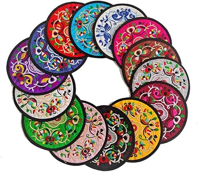 Zhiheng 10 Pack Vintage Ethnic Fabric Coasters Floral Embroidery Cloth Coasters Round Coffee Cup Mat Drink Tableware for Housewarming Party Table Home Decorations Random