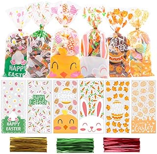 VEYLIN Easter Cellophane Bags,120 Pieces Easter Candy Cookie Bags with Twist Ties for Easter Party Supply6 Style