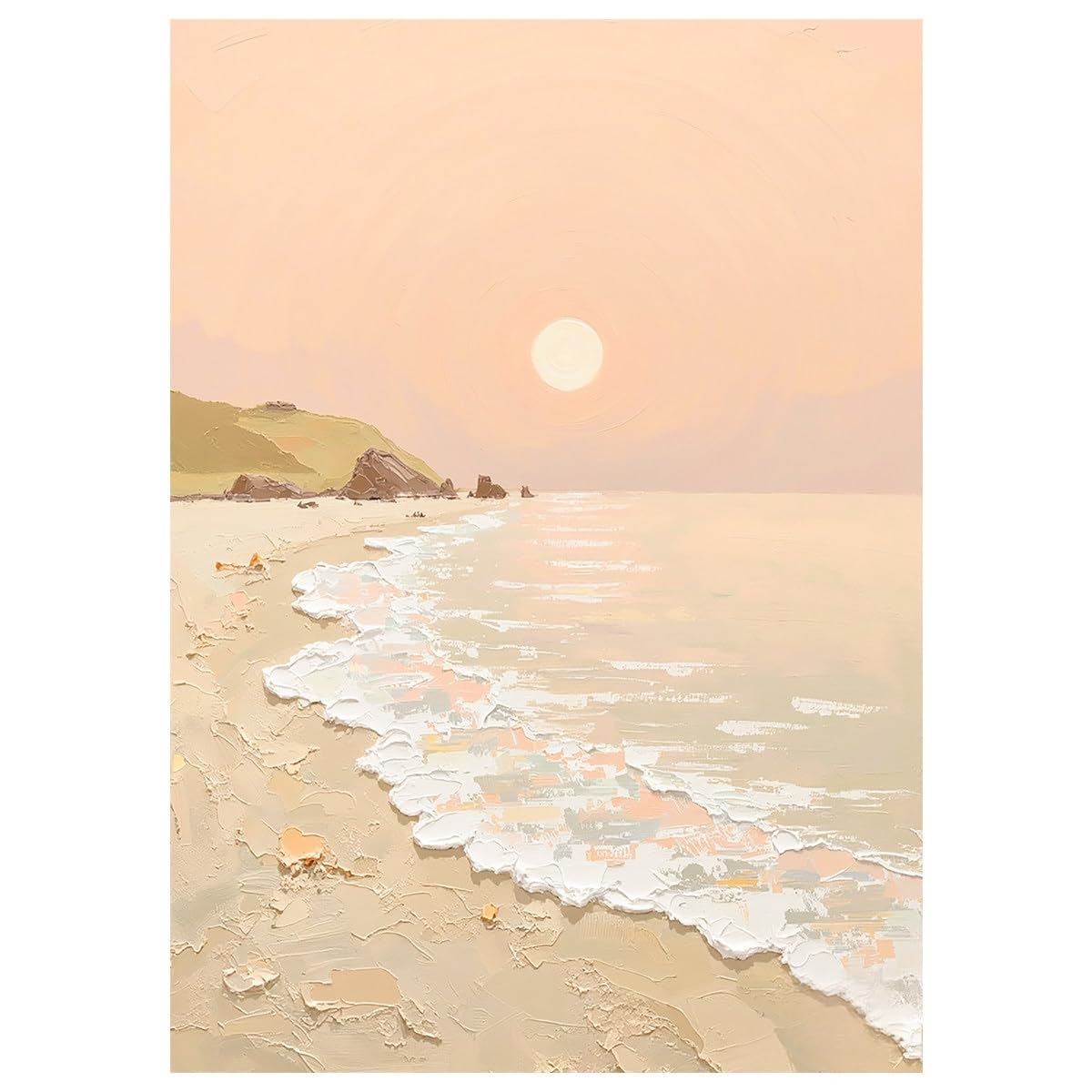LCDIUDIU Pink Textured Beach Sunrise Landscape Canvas Wall Art Abstract Waves Coastal Seascape Art Rocky Shoreline Unframed Hand Painted Oil Painting Wall Decor for Living Room Bedroom 70X100Cm(28X4