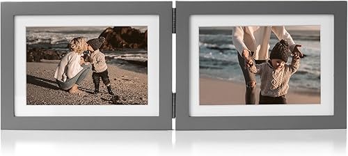 Miniatura 9 de P-HUI-2H57 - Marco de fotos plegable de madera con bisagras horizontales dobles de 5 x 7 pulgadas con frente de cristal real en color gris para