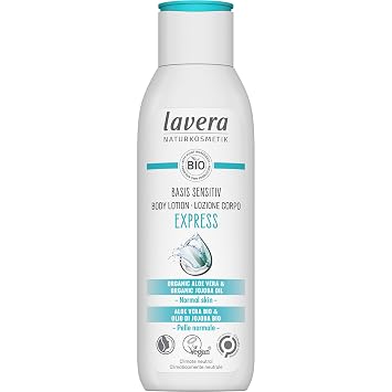 lavera basis sensitiv Body Lotion Express - aloe vera & jojoba oil deep moisture & long lasting care - 24h moisturizing care - PETA certified - vegan - natural cosmetics - 8.45 fl.oz.