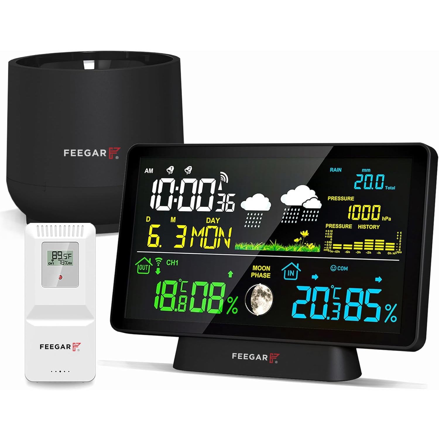 Wireless Weather Station with Digital Rain Gauge, Feegar Forecaster LCD 7,5" Indoor Outdoor Temperature Sensor, Hygrometer, Atomic Clock, Barometer, Digital DCF