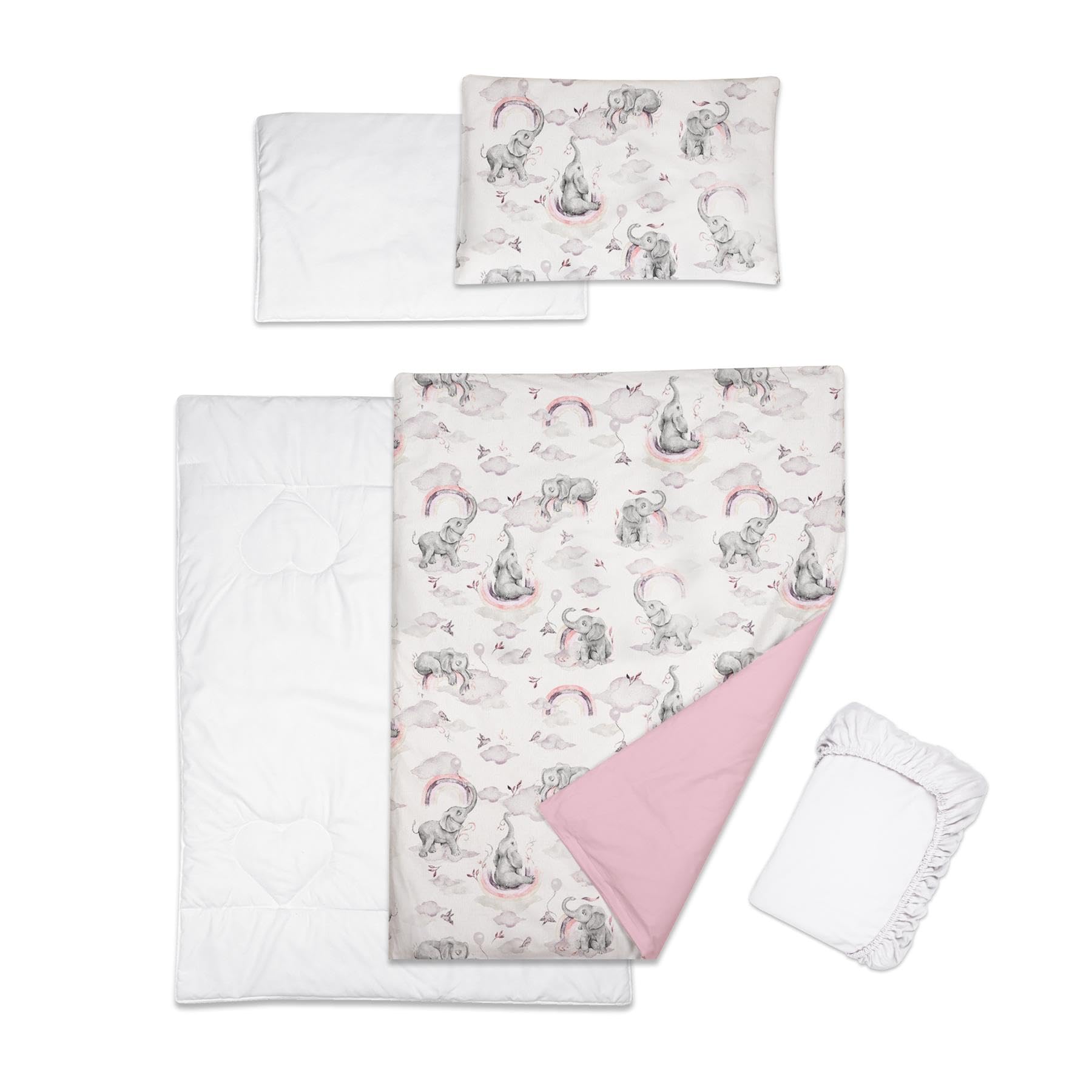 Baby Comfort 5 Piece Toddler Bedding Duvet Pillow with Covers & Jersey Sheet fits 120x60cm Cot Bed 12M+ (Pink Elephants)